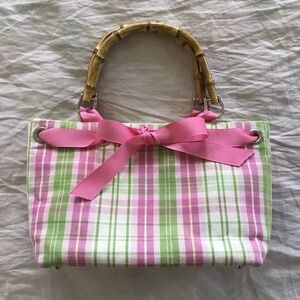 Vintage pink and green purse with bamboo handles